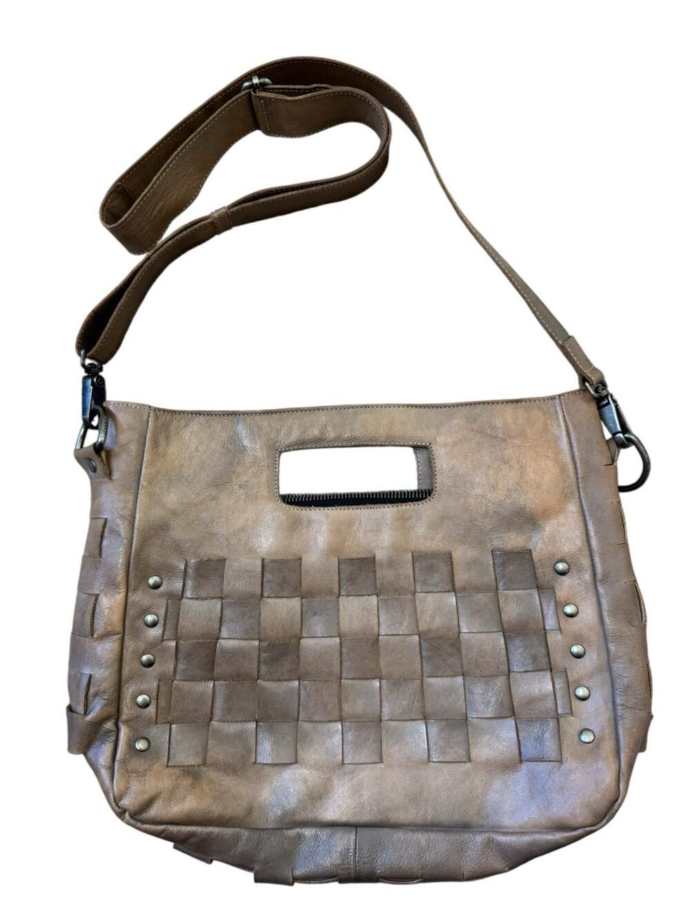 BED STU Orchid Leather Crossbody Clutch Purse Light Gray Driftwood